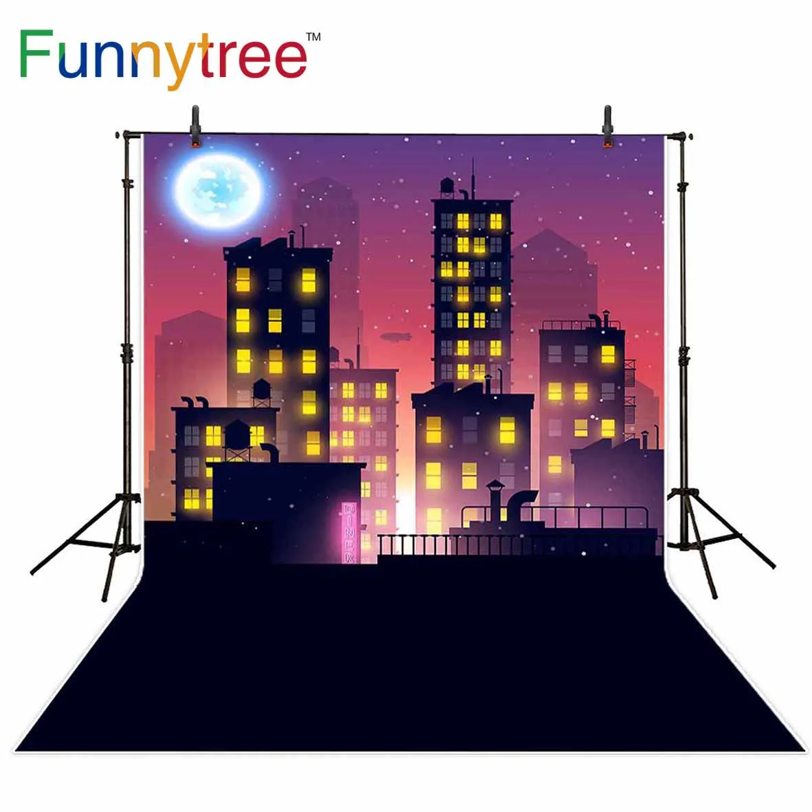 

Funnytree backdrop for photographic studio Hero city night cartoon moon halo kids photo background photocall photobooth