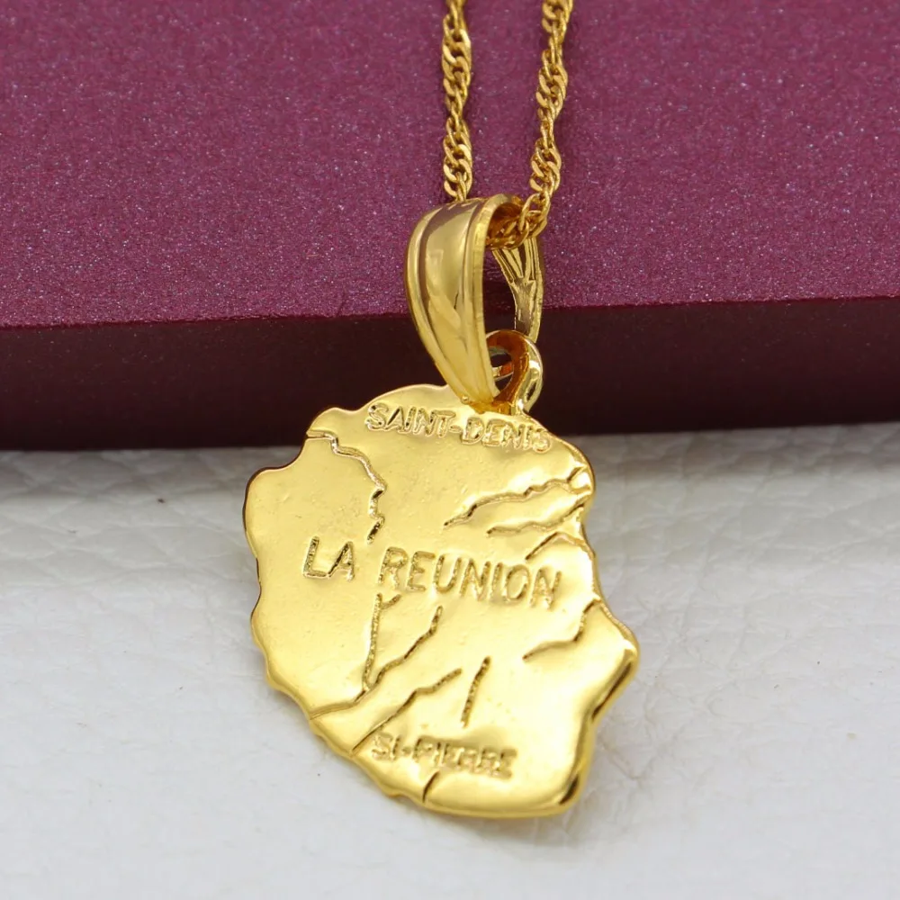 Adixyn Gold Color Map of LA REUNION Pendant Necklaces Women/Men French Reunion Island Maps Jewelry N12165