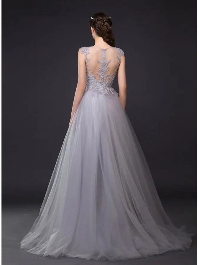 Customized Sheer Neck Appliques Beading Long Evening Dress 2025 Gray Illusion Long Prom Formal Party Gown Robe De Soiree