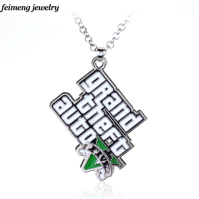 Classic Game GTA Necklace Grand Theft Auto Pendant Necklace For Men Fans Logo Necklaces Statement Long Chain Green Enamel Jewel