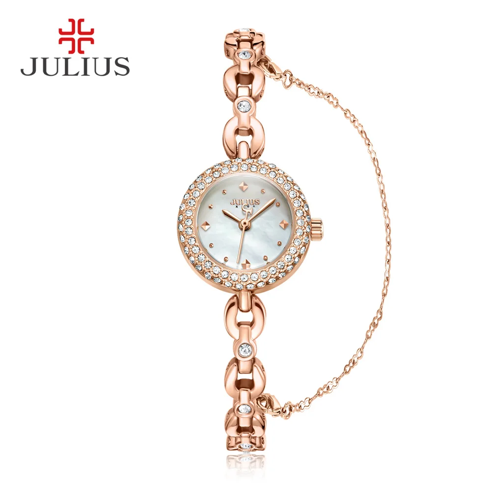 Julius Beautiful Watches for Girls Zircon Bracelate Quartz Wristwatch Rose Gold Shell Pearl Ladies Dress Relogio Women JA-1001