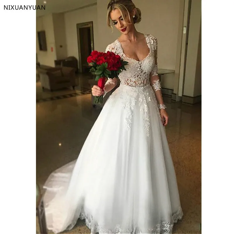 فستان زفاف 2 في 1 شفاف من الخلف فستان الزفاف 2023 أنيق طويل الأكمام الدانتيل زين Vestido De Noiva