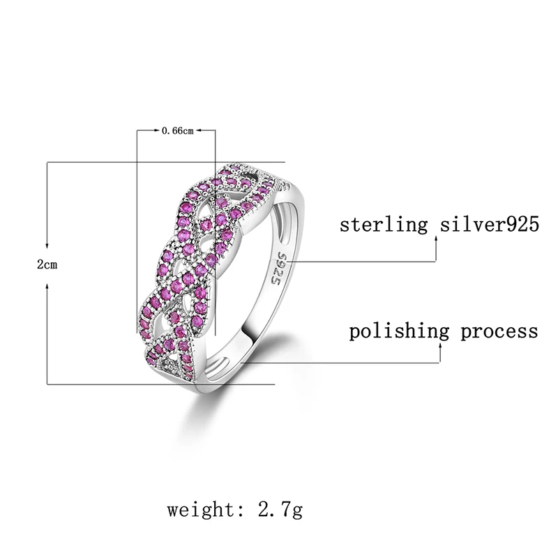 Solid 925 Silver Jewelry Ring Women's Rose Red Spinel Cross Simple Ring Elegant Wedding Gift