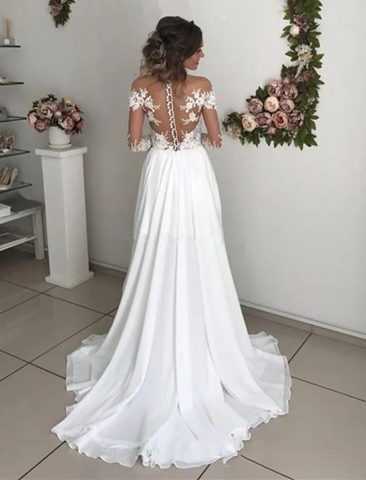 Sexy mangas compridas vestidos de casamento sheer neck ilusão apliques chiffon fenda boho vestidos de noiva praia vestidos de casamento com divisão