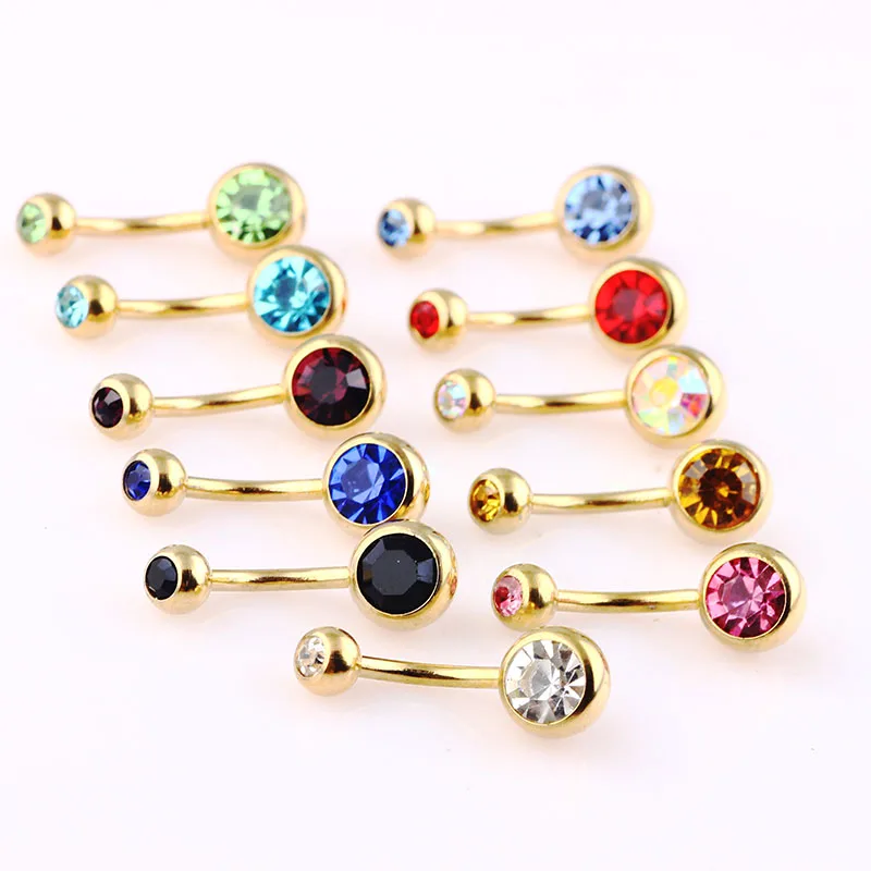 TICNCIFBYJ Gold Belly Rings Wholesale Mix 10 Colors 50pcs 14G Anodized Double Gem Body Piercing Jewelry Navel Belly Button Ring