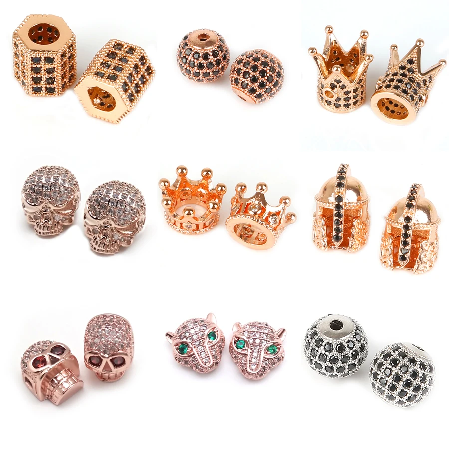 Metal Micro Pave Cubic Zirconia Tube Square Skull Leopard Crown Round Loose Spacer Beads for Jewelry Making DIY Charm Bracelets