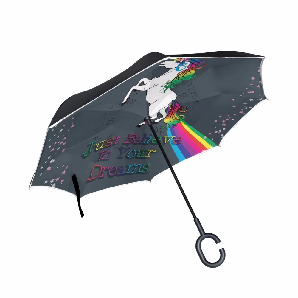 

Just Believe In Your Dreams Unicorn Umbrellas Windproof Reverse Folding Double Layer Inverted Umbrella Self Stand C-Hook for Car