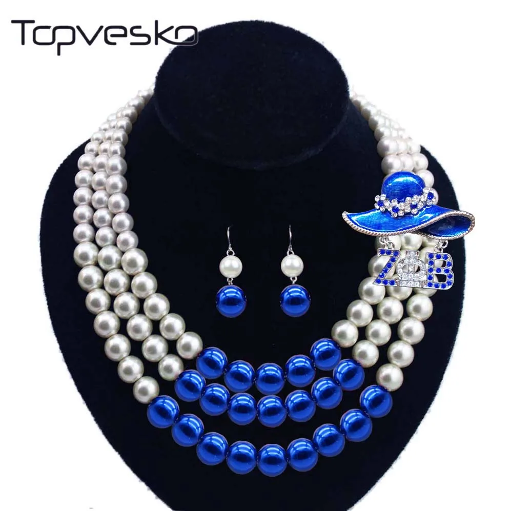 Women Three Strands Zeta Bule beaded Pearl Necklace Earring Jewelry Set