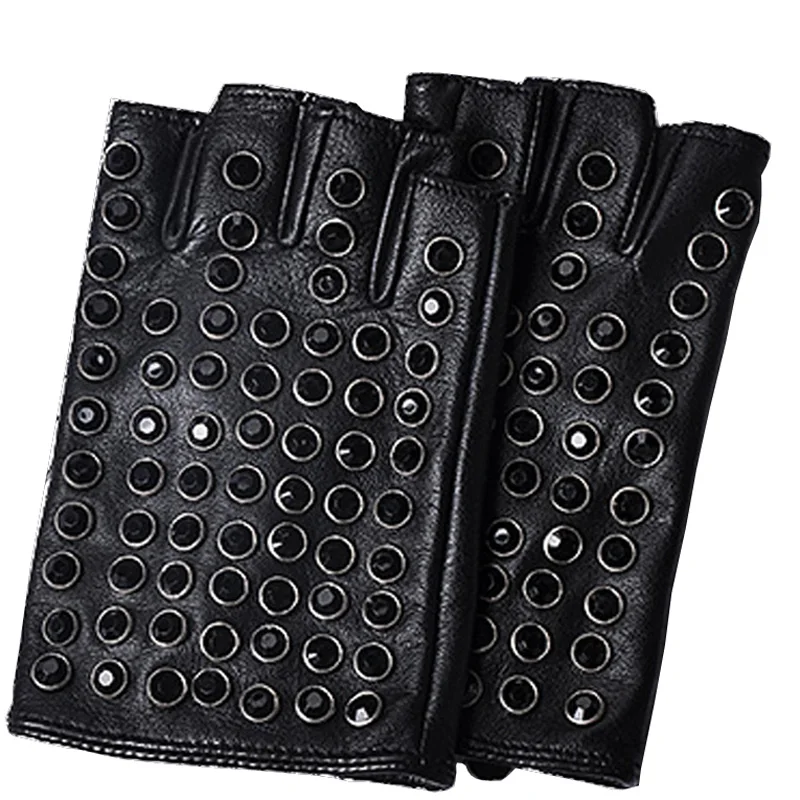 2024 Female Real Leather Half-finger Short Thin Gloves Women Shiny Artificial Diamond Rivet Rock Punk Sreetwear Fingerless Luvas