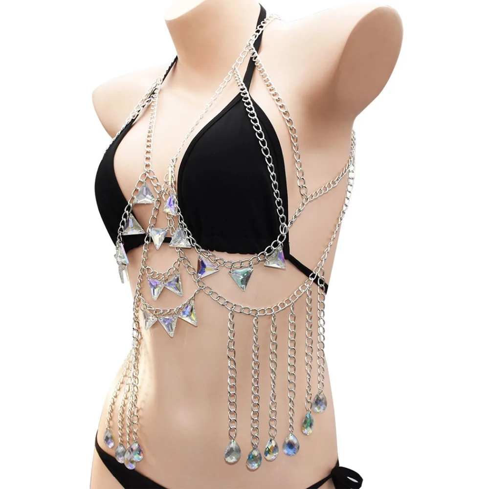 Women Sexy Bra Chain Rhinestone Crystal Long Tassel Bralette Crop Top Intimates Sexy Lingerie Harness Body Chains Summer Jewelry