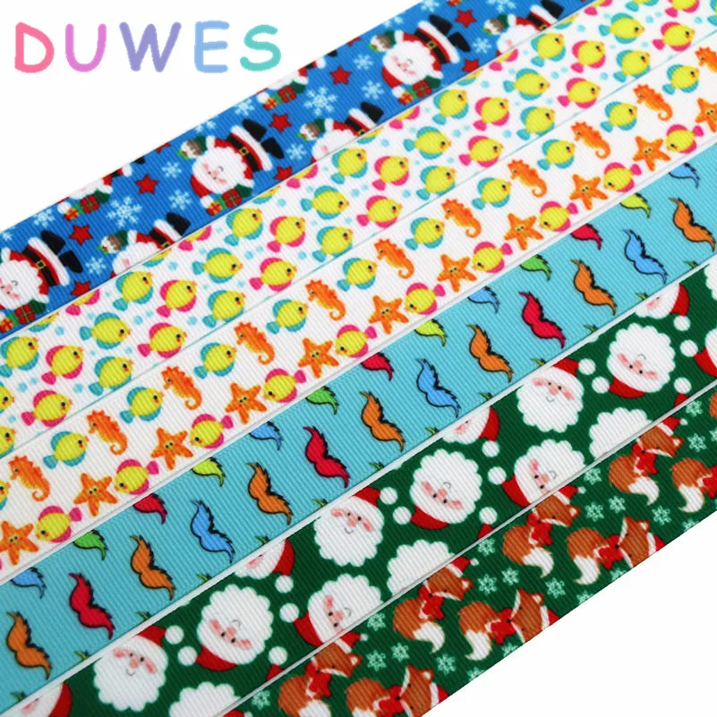 DUWES 50yards fish christmas mustache printed grosgrain Ribbon Accessory hairbow headwear decoration Wholesale OEM DIY D904