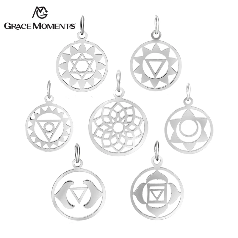 5pcs/Lot Chakra Charms Meditation Pendants Round Hollow Chakra OM Buddhist Metal DIY Charms For Jewelry Making Supply