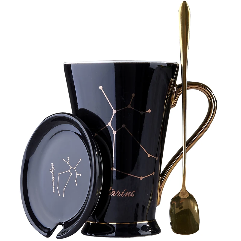 Constellation Theme Ceramic Coffee Mug with Lid and Spoon, Christmas Gift for Friends, L2283