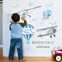 Pegatina de pared con globos de aire caliente para avión de acuarela, decoración del hogar para habitaciones de bebés y niños, Mural de PVC, pegatinas para guardería, papel tapiz