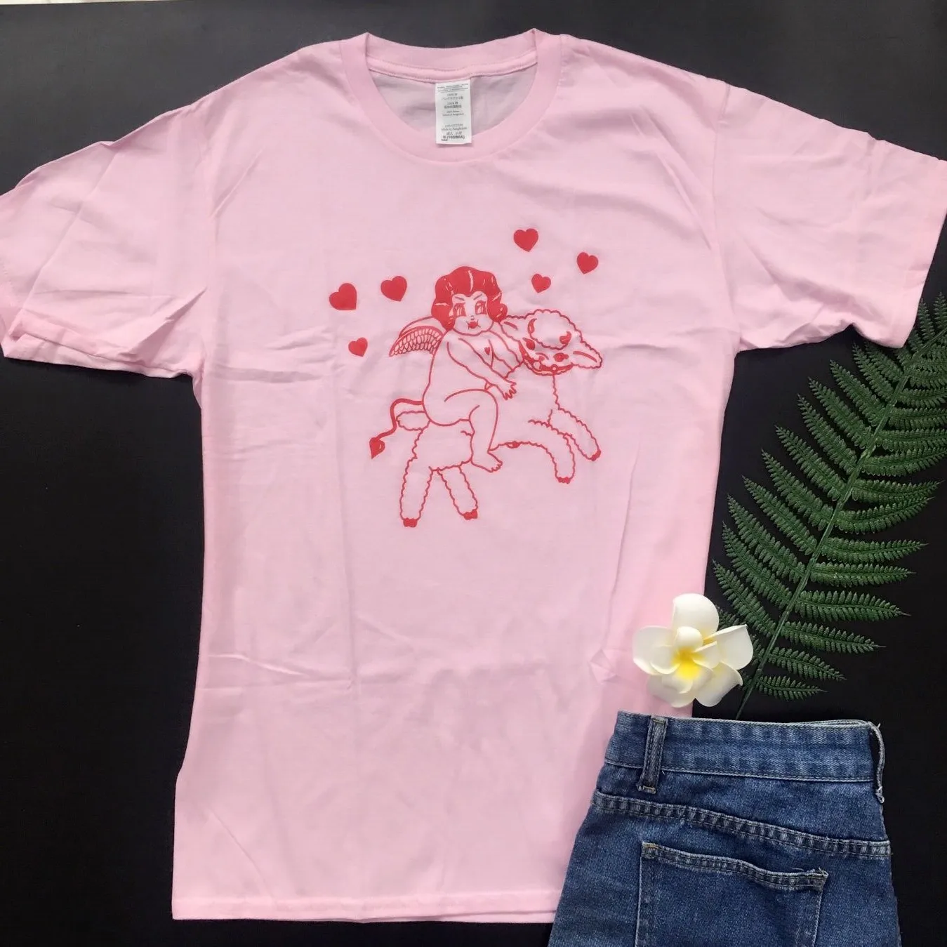 kuakuayu HJN Cherub Lamb Sheep Cute Tees Summer Fashion Pink Angel Casual Women Top Funny T-Shirt Tumblr Short Sleeves T-Shirt