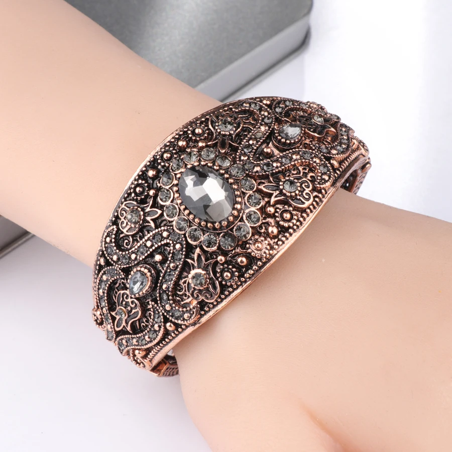 Kienl Vintage Gray Crystal Bracelets For Women Antique Gold Turkish Charm Width Cuff Bangle Bracelets Fashion Bohemia Jewelry