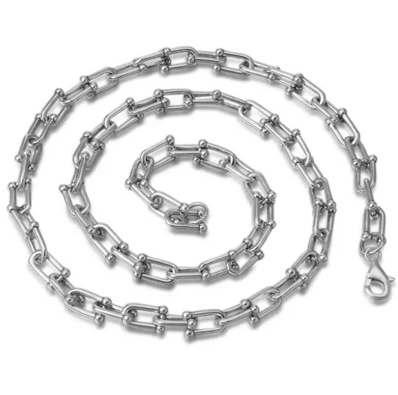 Pure Silver 8mm Wide  S925 Sterling 925 Silver men's Classic Retro U Buckle Necklace (FGL)