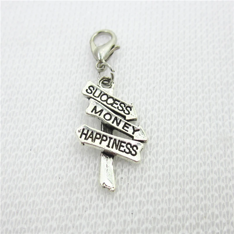 

Wholesale 100pcs SUCCESS MONEY HAPPINESS charm dangle charms hanging lobster clasp floating charm DIY bracelet/pendant jewelry