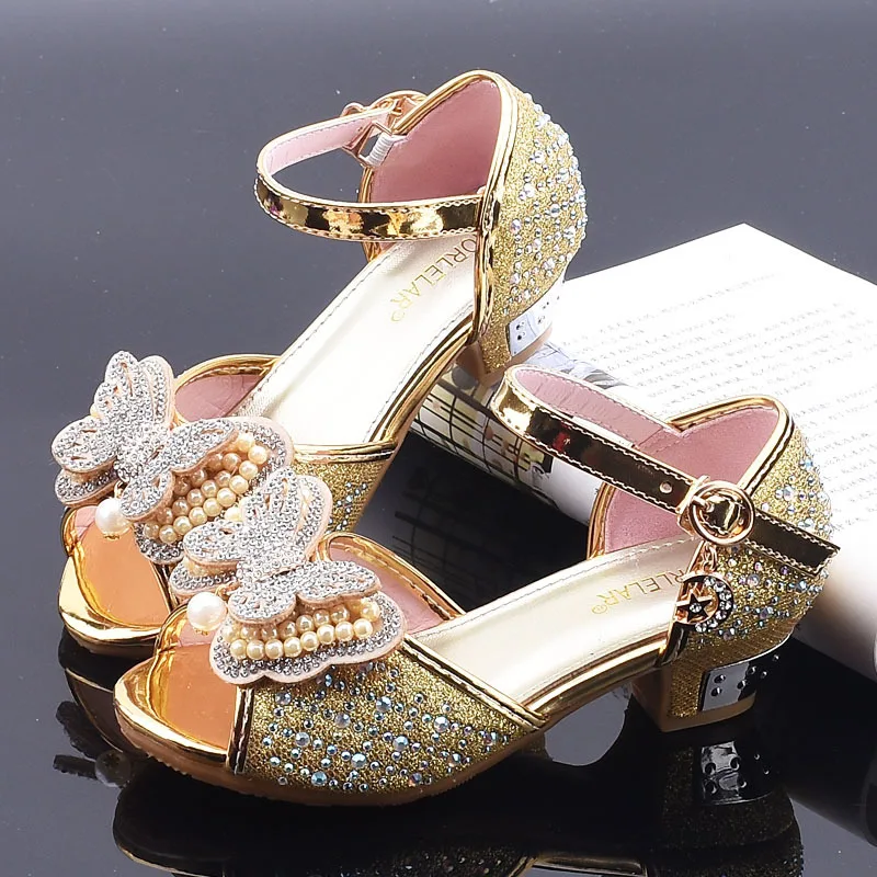 Little Girls Rhinestone Bow High-Heeled Sandals Princess Dancing Summer Pu Leather Shoe Big Girl 3 4 5 6 7 8 9 10 11 12 Year Old