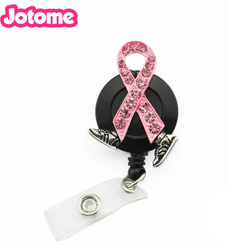 

50pcs/lot New design Retractable Pink Rhinestone Ribbon Shoe ID Badge Reel ID Card Badge Holder For Student Nurse Exihibit