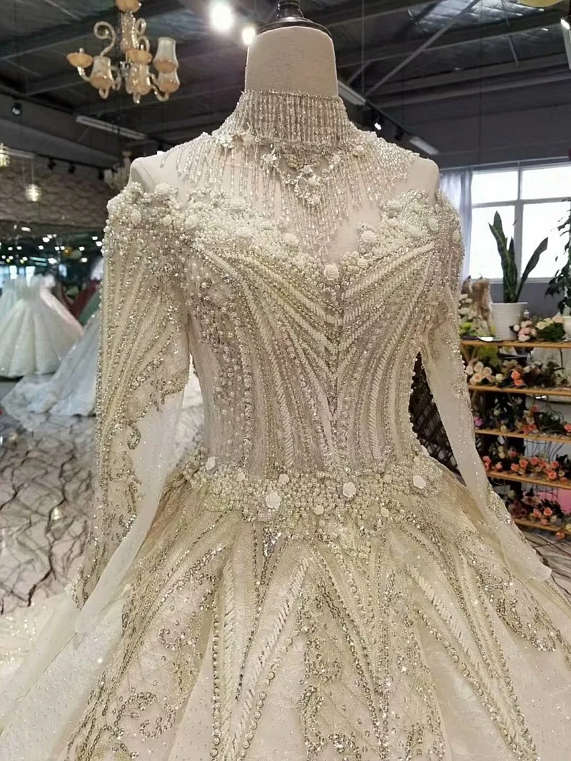 فساتين زفاف بأكمام طويلة مزينة بالدانتيل والترتر والكريستال من Real Photo vestido de noiva فساتين زفاف 2021 QUEEN BRIDAL robe de mariee WD72