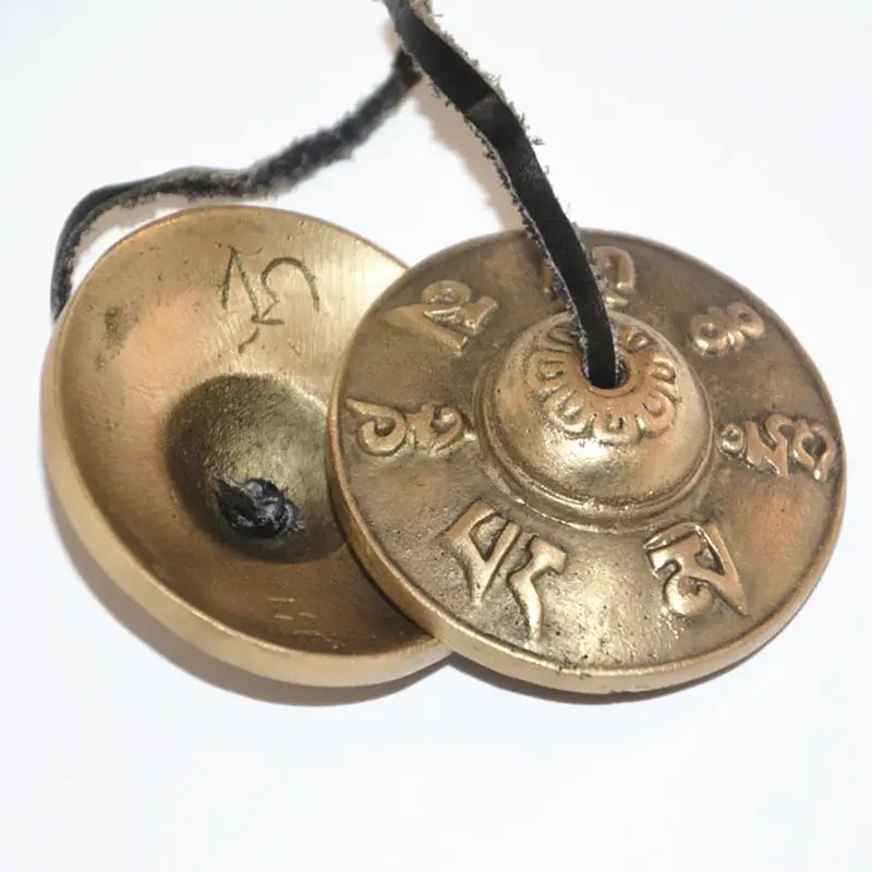 TBC847 Tibetan Buddhist Singing Bells Pair Tibet Mantras Cymbals OM MANI PAD ME HUM Brass Golden