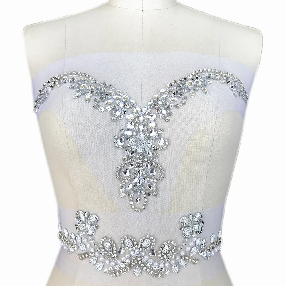 BEADED V-Neck AB Sew On Patch Applique Rhinestones Crystal For Bridal Design Sewing Wedding Clothes Chest Belt Decoration diy