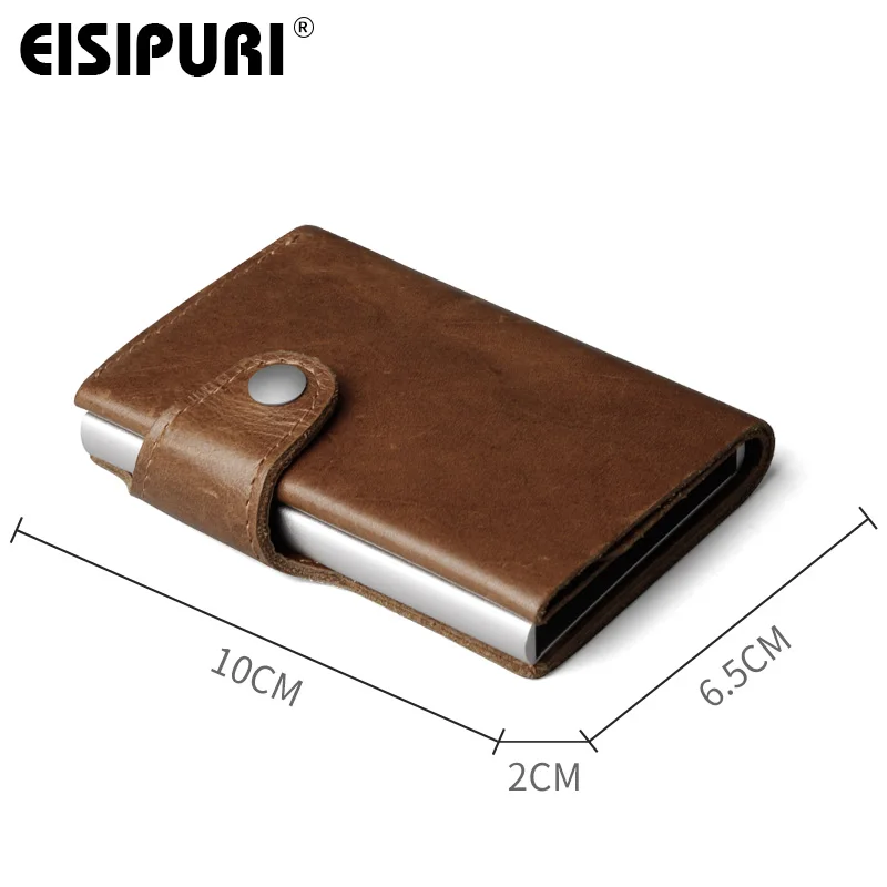 Men Prevents RFID information leakage 100% Genuine leather mini wallet safe Multifunction Aluminum Automatic Pop Up Card