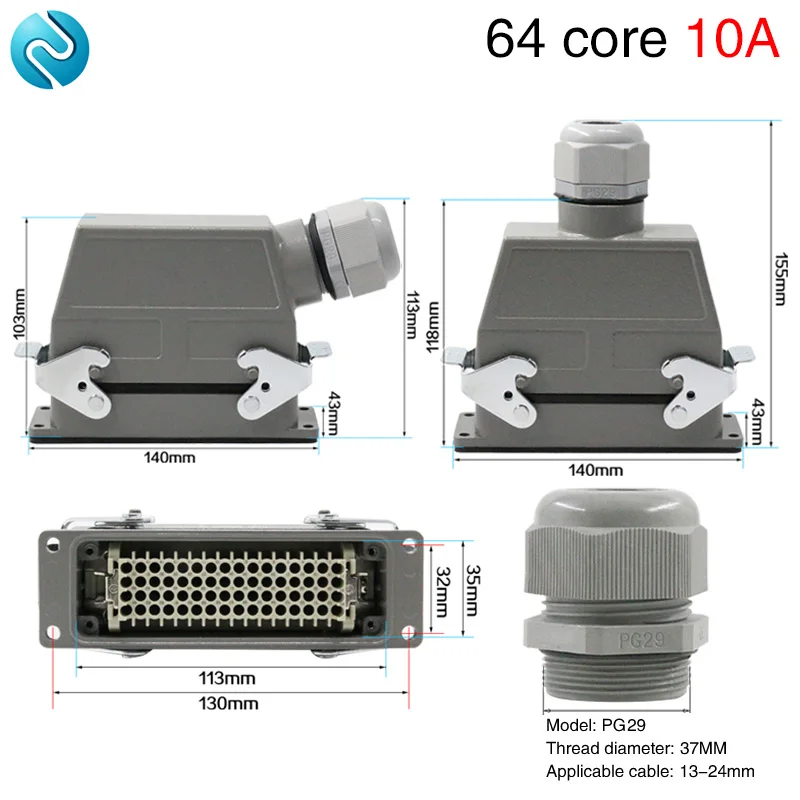 

Rectangular Heavy Duty Connector HDC-HD-064 64 Core Pins Waterproof Aviation Industrial Machine Tool Plug Socket 10A 250V