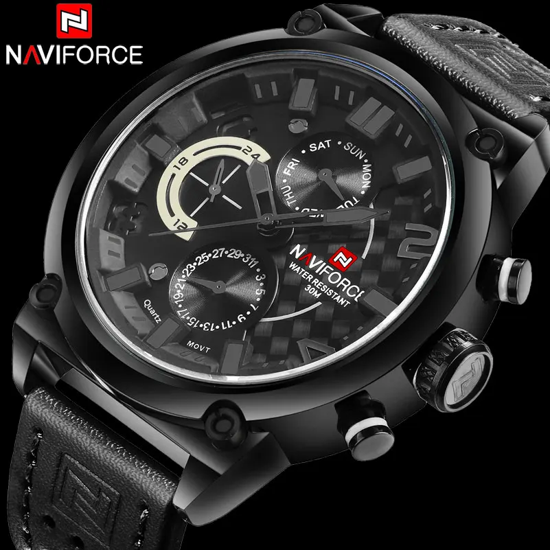 NAVIFORCE Chronograph Men\'s Fashion Casual Quartz Watch Men 30M Waterproof Sport Watches Black Leather 24 Hour Calendar Clock