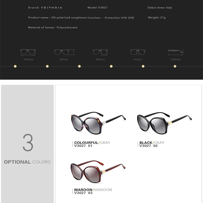 VEITHDIA Retro Women Fashion Sun Glasses Polarized Luxury Crystal Ladies Designer Outdoor Sunglasses Eyewear For Female V3027