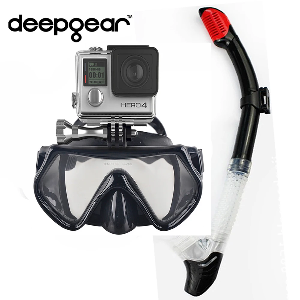 DEEPGEAR CAMAERA SNORKEL SET tempered scuba diving mask black silicone adult diving mask dry snorkel Top watersport dive gears