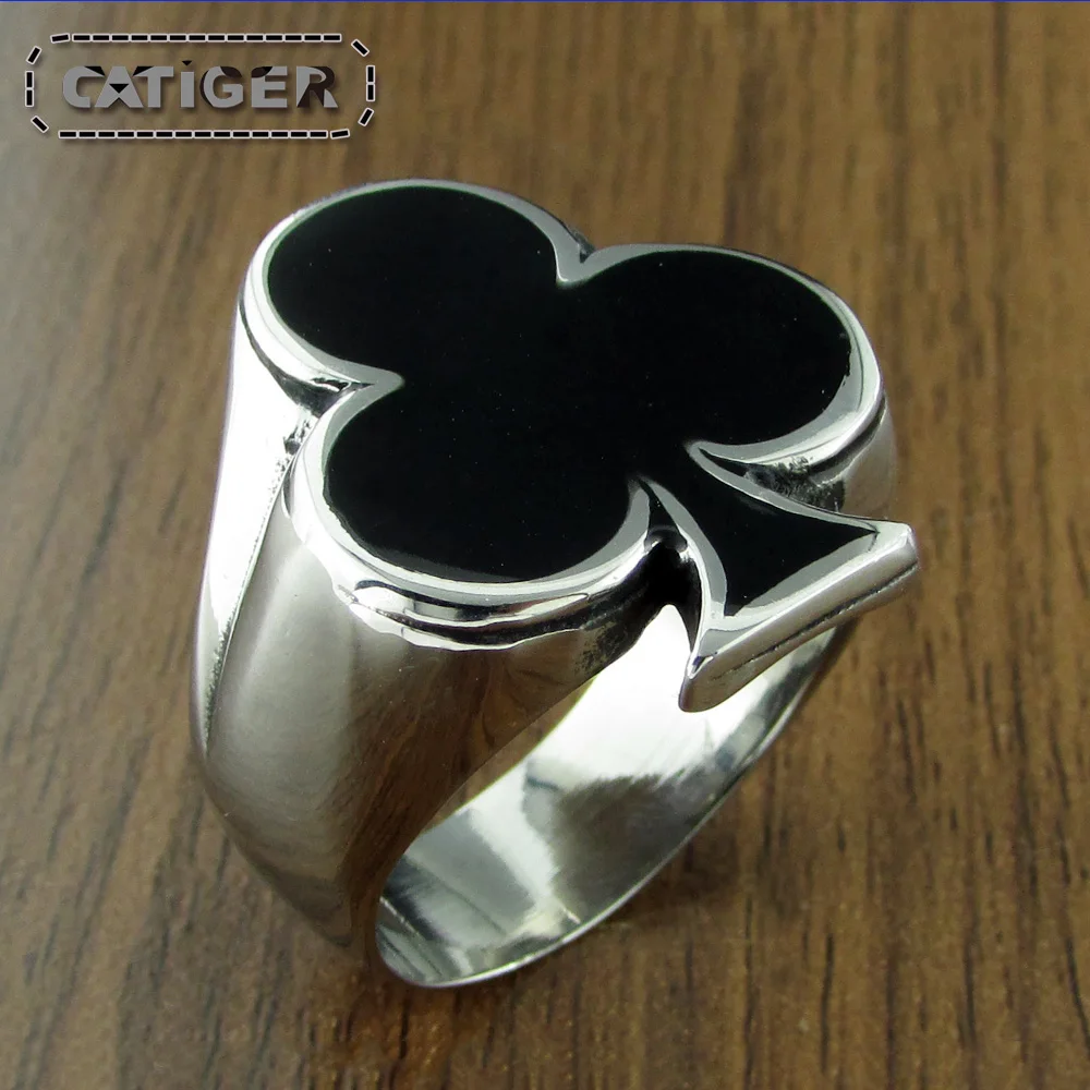 Punk 316L Stainless Steel Silver Color Black Enamel Playing Cards Poker Club Ring Jewelry