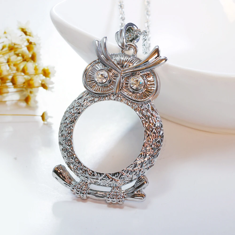 Reading glasses Long chain Magnifying glass pingentes Owl pendant crystal Magnifier necklace A gift to grandpa and grandma