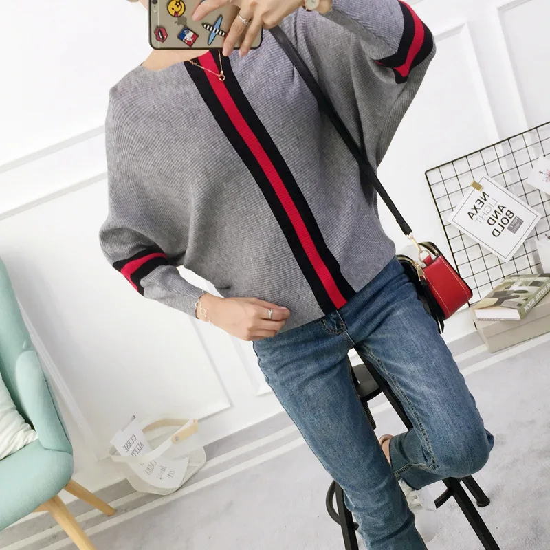 2023 New Autumn Winter Women Sweater Pullover Stripe Contrast Color Bat Sleeve Knitted Jumper Loose Short Tops Outwear Pull Femm