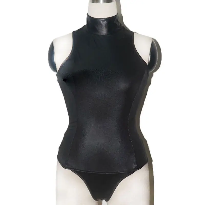 Women Sexy Wet Look High Collar Leotard with Arm Restraint Sheath Catsuit Fetish Role Play Costume Plus Size