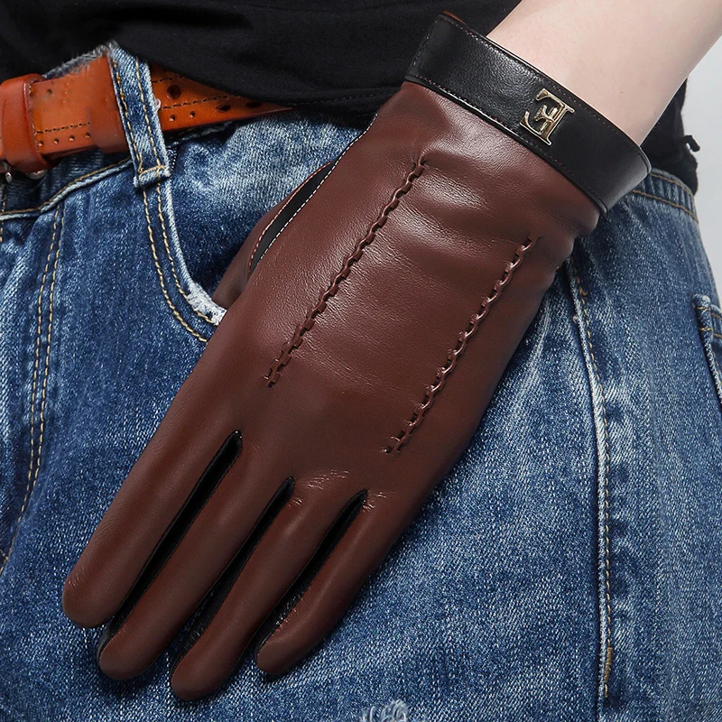 Genuine Leather Women Gloves Female Elegant Two Tones Sheepskin Gloves Autumn Winter Warm Plush Lined 3326