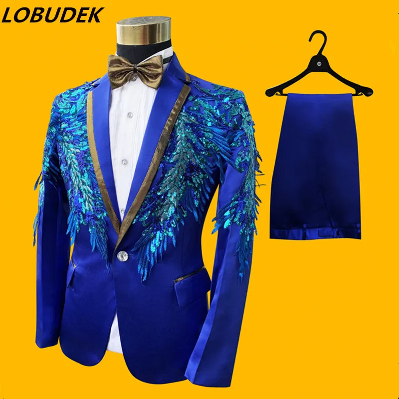 

Formal Men's Crystals Sequins Suits Tuxedo Host Evening Party Performance Suit Wedding Groom Master Clothing Singer Chorus Sets