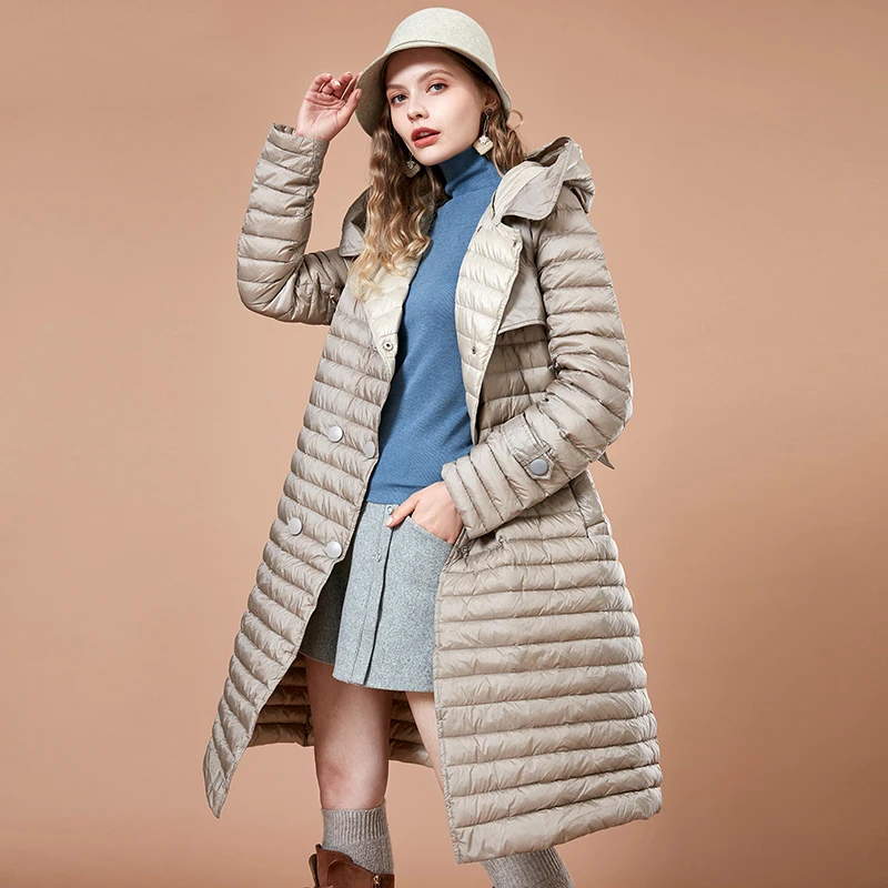 ARTKA 2018 Autumn and Winter Women Striped Long 90% White Duck Warm Down Coats Double Breasted Thin Hooded Parkas YK10585D