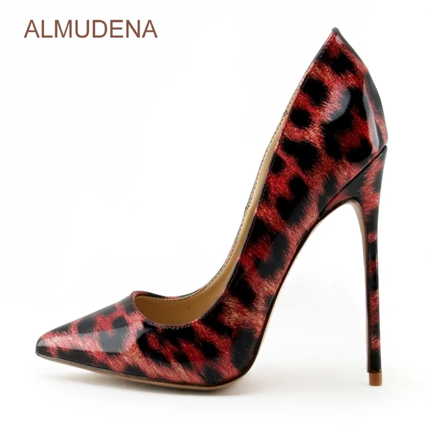 ALMUDENA Sexy Red/black Leopard Printed Dress Shoes Pointed Toe Color Block Pumps Thin High Heel Low Cut Party Shoes For Wedding