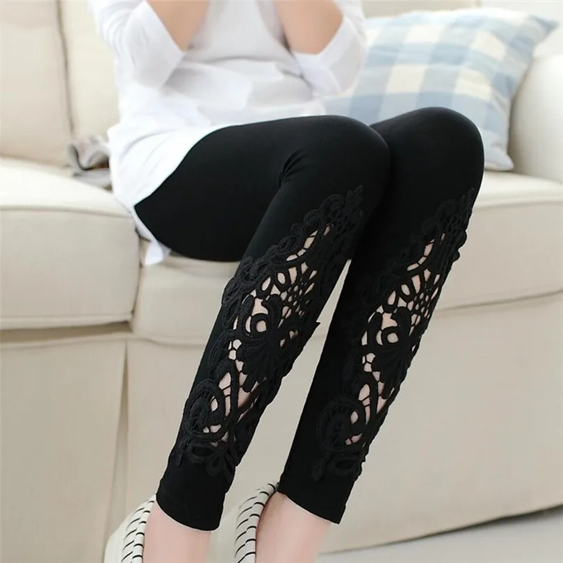 VIIANLES  Women Leggings Knitted Diamond Hollow Out Lace Pants Spring Autumn Black White Casual Trousers