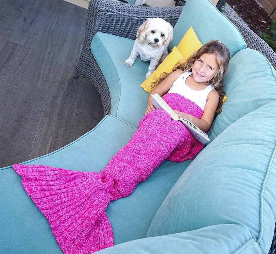 CAMMITEVER Soft Knitted Mermaid Tail Blanket Sleeping Bed Handmade Crochet Anti-Pilling Portable Yarn Blanket Birthday Gift