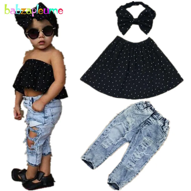 New Kids Clothes Fashion hole jeans for boys denim pant Toddler Girls Clothing set Sleeveless Tops Baby Girls Outfits 3pcs A239