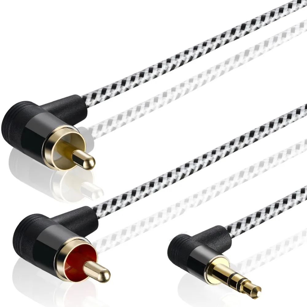 Bochara Braided 90degree 3.5mm jack to 2RCA OFC Audio Cable Gold Plated For Speakers Amplifier Mixer 1.8m 3m 5m 10m