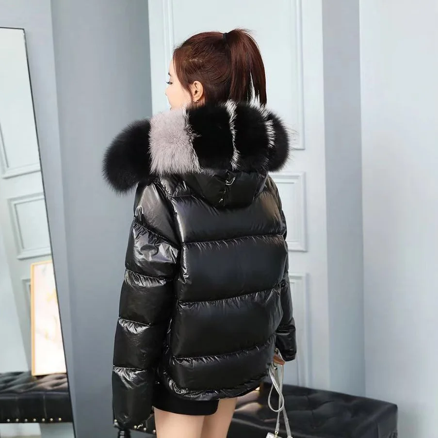 winter jacket women Down natural fox fur collar coat loose short white duck down real fur coat