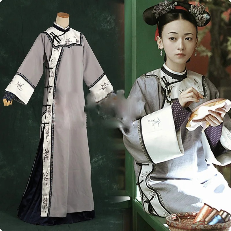 

2 Designs Grey Embroidery Wu JinYan Wei Ying Luo Qing Dynasty Palace Maid Costume Hanfu for TV Play Story of YanXi Palace