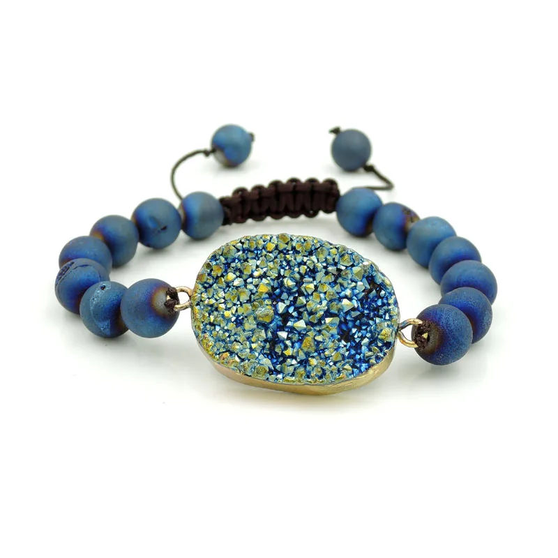 Titanium Colors Agate Druzy Connector Frosted Round Beads Hand-knitted Strand Bracelet Centipede Knot