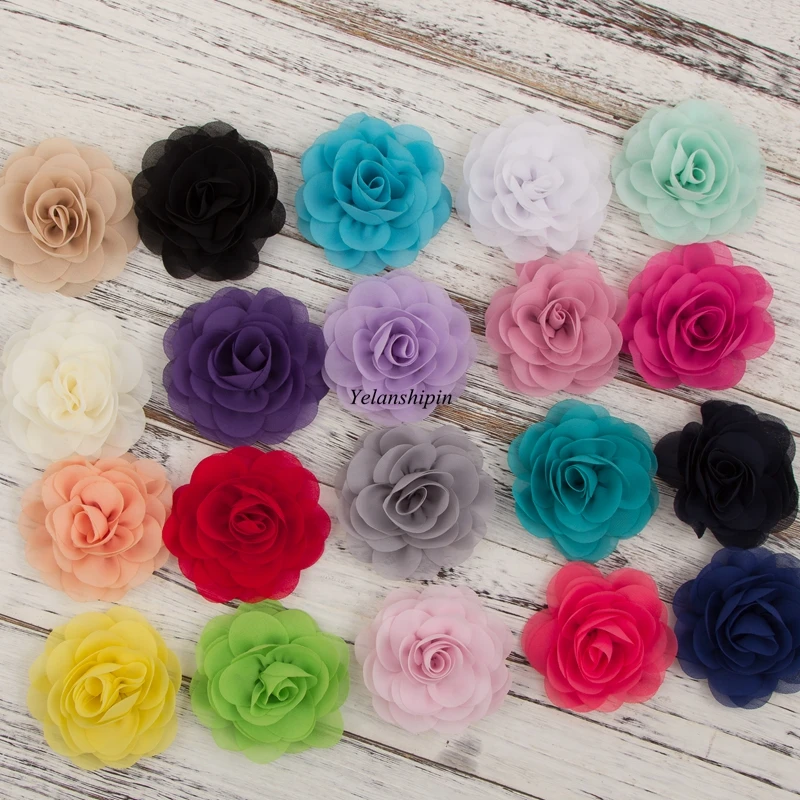 120pcs/lot 20colors 8.5cm Hair Clips Chiffon Petals Poppy Flower Hair Clips Rose Fabric Hair Flowers For Kids Hair Accessories