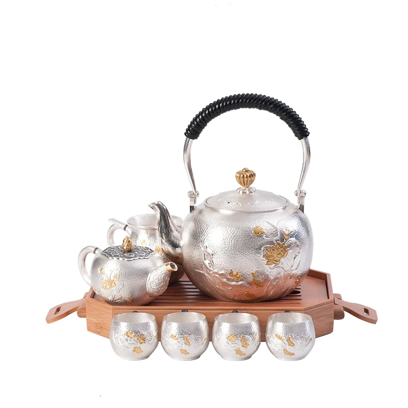 

pure silver Kung Fu tea set, manual production pure silver 999 do old burn water kettle mention beam pot, office gift collection