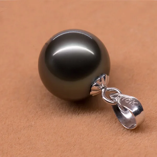 10-11mm Genuine Natural Black Tahitian Pearl Pendent Necklace with 14 K White Solid Gold Chain and Bail